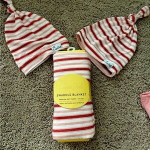 Copper pearl cinnamon striped swaddle and two top knot hats, brand new!